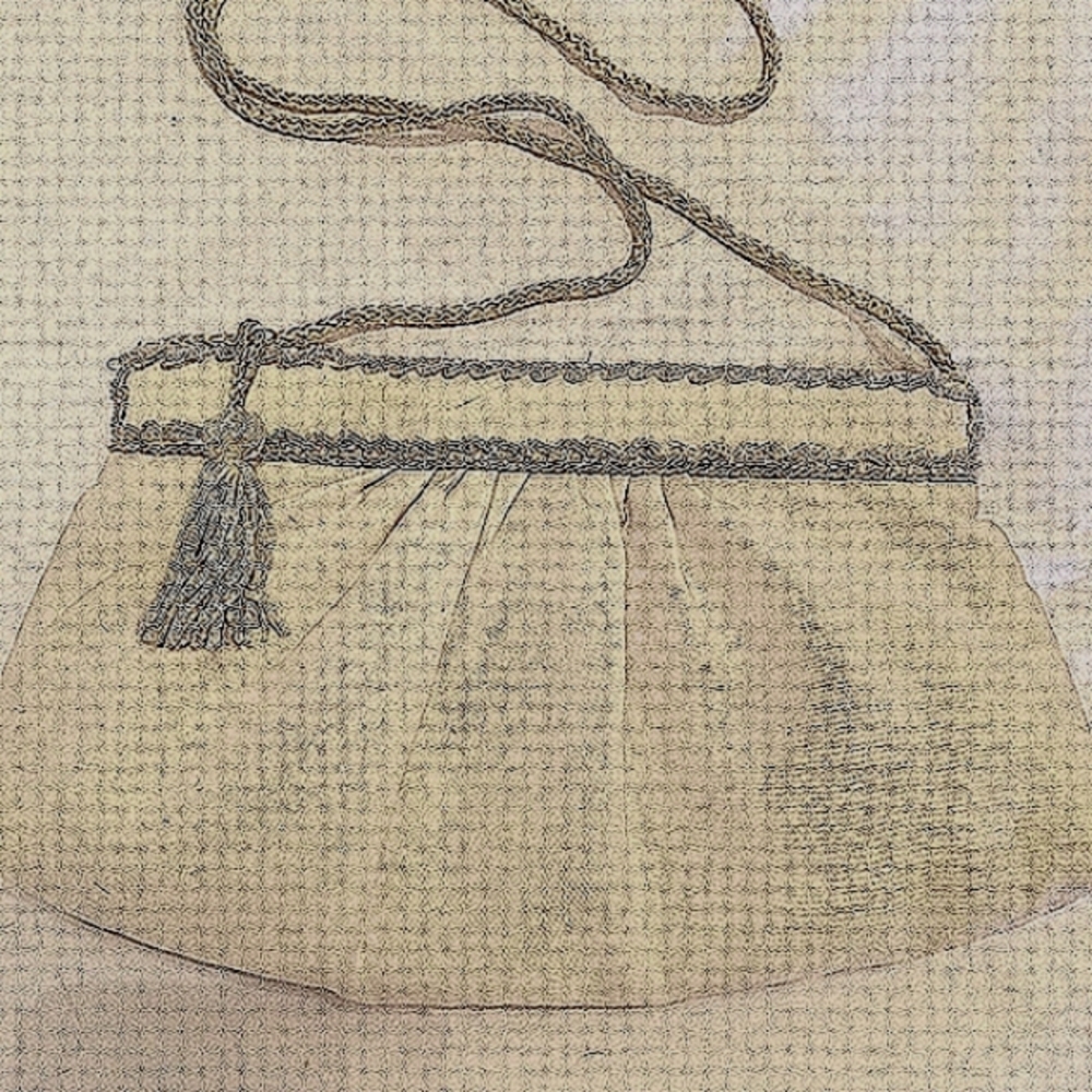 Elegant vintage Cream Satin Bag with beading and silk cord strap. Measures 6x10"